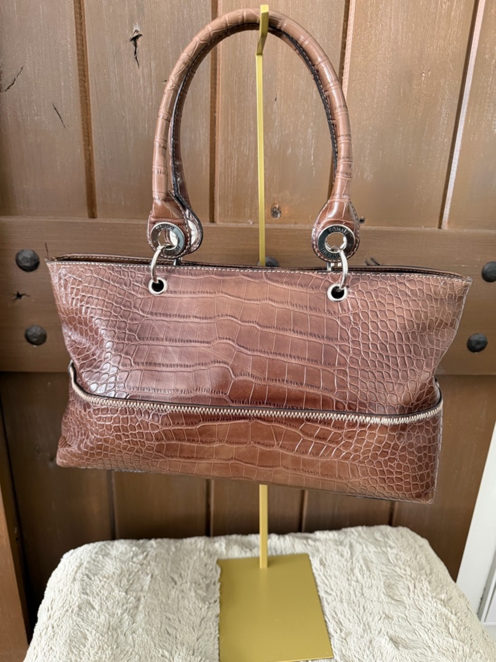 Tommy Hilfiger Brown Croc-Embossed Tote Bag with Silver Hardware preowned